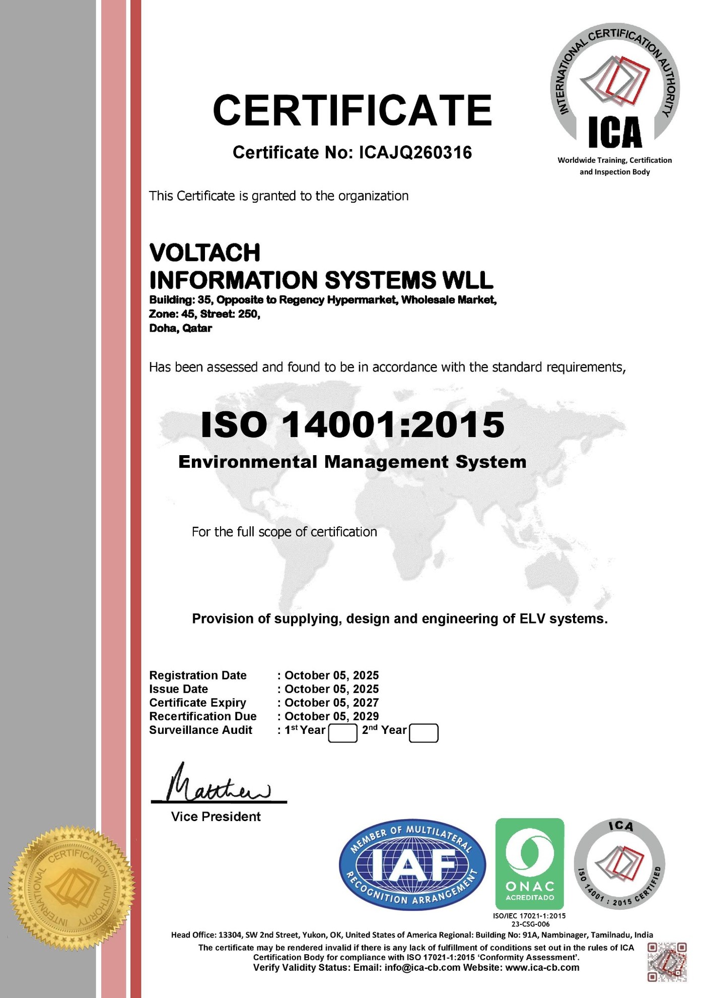 ISO 14001:2015 Environmental Management System certificate issued to Voltach Information Systems W.L.L., certificate number ICAJQ260316