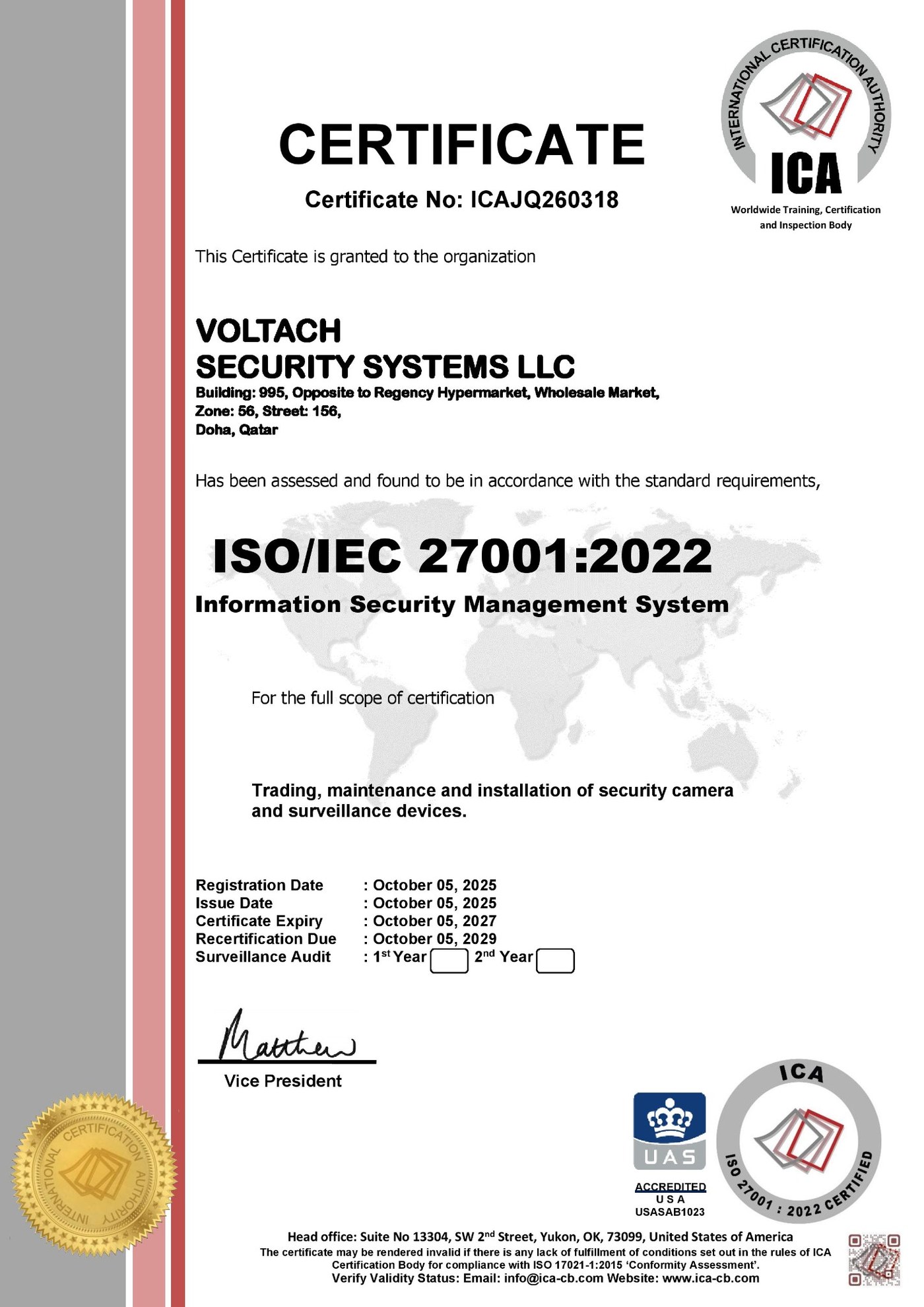 ISO/IEC 27001:2022 Information Security Management System certificate issued to Voltach Security Systems LLC, certificate number ICAJQ260318